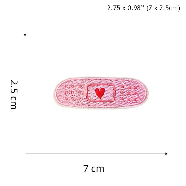 May include: Pink embroidered iron-on patch shaped like a bandage with a red heart in the centre. The patch measures 7 cm by 2.5 cm.