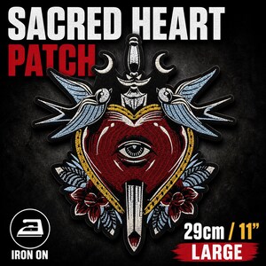 Großer Sword & Sacred Heart Eye Back Patch - 11 "Rage gestickter Tattoo Stil zum Aufbügeln - Gothic Evil Eye Dagger Patch für Jeansjacken