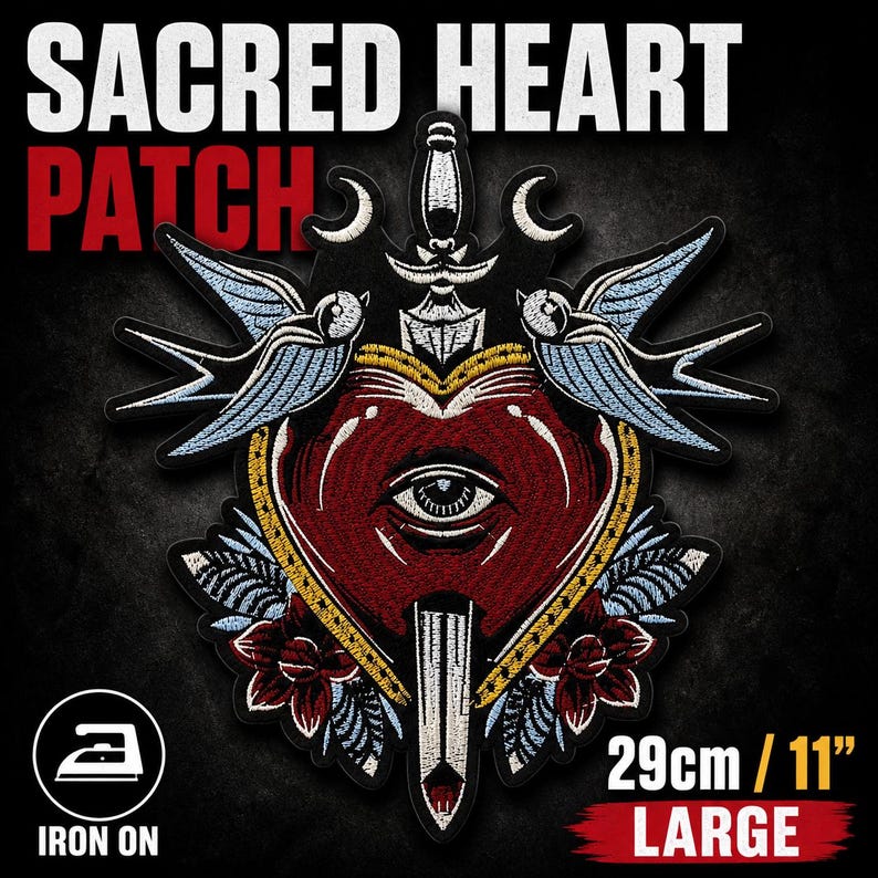 Large Sword & Sacred Heart Eye Back Patch - 11" Giant Embroidered ...