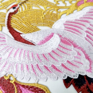 Large Crane Sew On Patch 15"/40cm Embroidered Gold Wave Tsuru Japanese Chinese Bird Back Patch Big Applique Motif Jacket Dress Gown Pant
