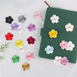 Può includere: Toppe floreali ricamate in vari colori, tra cui rosso, giallo, rosa e verde, sparse su una superficie bianca e un taccuino verde. Le toppe presentano un design floreale dettagliato, perfette per progetti fai-da-te e artigianato.