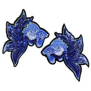 Blue Goldfish Sew On Patch Sequin Embroidery Big Koi Carp Fish Embroidery Applique Elegant Back Patch For Dress Wedding Gown Jacket Backpack