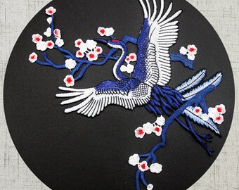 Large Crane Sew On Patch Japanese Tsuru Chinese Bird Back Patch Embroidery Big Notion Applique Motif Jacket Dress Gown Pant Biker Rider