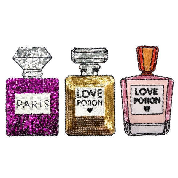 Sequin Perfume Sew Iron On Patch Sequined Large Paris Love Potion Bottle Motif Applique for Women Clothing Jacket T-Shirt Coat Decoration