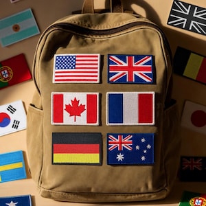 May include: A tan backpack adorned with embroidered flag patches, including the United States, United Kingdom, Canada, France, Germany, and Australia. Additional flag patches are scattered around the backpack, suggesting a travel or international theme.