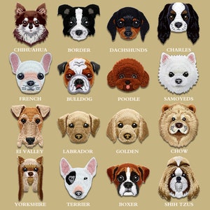 Peut inclure: Un ensemble de 16 patchs brod&eacute;s repr&eacute;sentant diff&eacute;rentes races de chiens. Les patchs pr&eacute;sentent diff&eacute;rentes races de chiens, notamment un chihuahua, un border collie, un teckel, un cavalier king charles, un bouledogue fran&ccedil;ais, un bouledogue, un caniche, un samoy&egrave;de, un fox terrier &agrave; poil dur, un labrador retriever, un golden retriever, un chow-chow, un yorkshire terrier, un bull terrier, un boxer et un shih tzu.