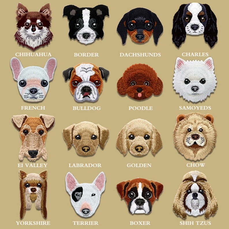 Peut inclure: Un ensemble de 16 patchs brod&eacute;s repr&eacute;sentant diff&eacute;rentes races de chiens. Les patchs pr&eacute;sentent diff&eacute;rentes races de chiens, notamment un chihuahua, un border collie, un teckel, un cavalier king charles, un bouledogue fran&ccedil;ais, un bouledogue, un caniche, un samoy&egrave;de, un fox terrier &agrave; poil dur, un labrador retriever, un golden retriever, un chow-chow, un yorkshire terrier, un bull terrier, un boxer et un shih tzu.