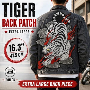 Giant White Tiger Iron On Patch - 16" Large Japanese Sukajan Roaring Tiger Flames Clouds Embroidered Embroidered Back Patch for Denim Jacket