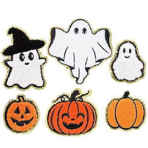 May include: Set of six Halloween-themed iron-on patches. The patches feature a ghost, a pumpkin, and a witch. The patches are all white, orange, and black.