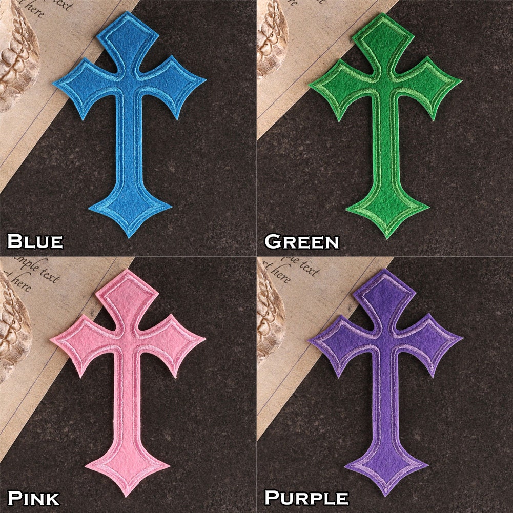 Blue & Pink Decorative Cross Patch, Religious Cross Patches