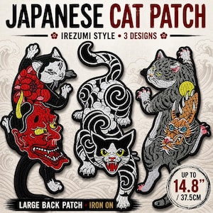 Giant Fierce Japanese Cat Iron On Patch, Huge Hannya Mask & Dragon Embroidery, Tattoo Style Large Back Patch for Denim Jackets, 13-15”
