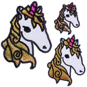 May include: Three sparkly unicorn iron-on patches with gold and white sequins. The unicorns have pink horns and manes.