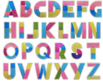 Multicolor Block Letter Patch, Colorful Embroidery Iron On Alphabet, Pastel Rainbow Monogram Applique for Kids Jackets Backpacks, 2.5" Tall