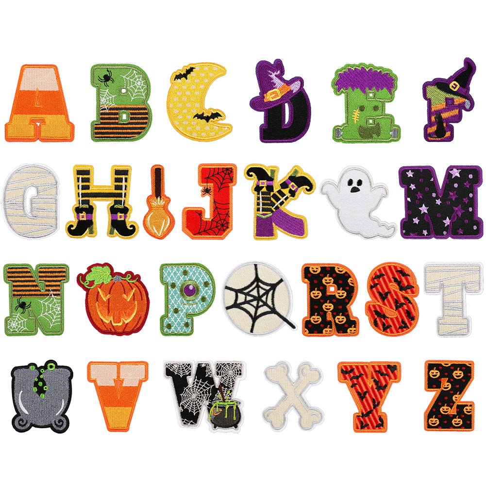 Halloween brief patch opstrijkbare patch alfabet A tot Z naai patch Jack O'Lantern vleermuis spook heks pompoen spin voor shirt jas hoed rugzak