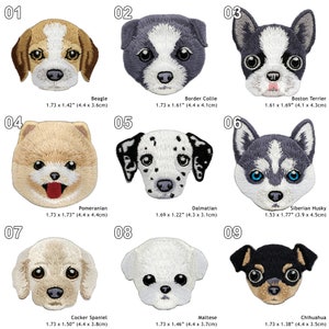 Peut inclure: Neuf patchs brod&eacute;s thermocollants repr&eacute;sentant diff&eacute;rentes races de chiens. Les patchs sont tous dans un style cartoon et pr&eacute;sentent une vari&eacute;t&eacute; de couleurs et de motifs. Les races incluent le Beagle, le Border Collie, le Boston Terrier, le Pom&eacute;ranien, le Dalmatien, le Husky sib&eacute;rien, le Cocker anglais, le Bichon maltais et le Chihuahua. Chaque patch porte le nom de la race et les dimensions en pouces et en centim&egrave;tres.