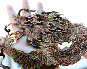 Gold Dragon Patch Ricamata Drago Cinese 7x3 Pollici - Termoadesiva E Da Cucire Per Giacche E Jeans