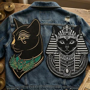 Large Egyptian Cat Iron On Patch, 13" Pharaoh Bastet Mau with Eye of Horus, Ancient Egypt Eye of Ra Embroidered Back Patch for Denim Jackets