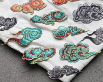 Wolke Aufnäher, Gestickte Abstrakte Flamme Swirly Design Applikation für Rucksack Jeansjacke Verschönerung, Orange Schwarz Türkis