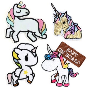 May include: Set of four iron-on patches featuring colourful unicorn designs. One patch has a sparkly gold unicorn with pink and purple mane and tail. Another patch has a white unicorn with a rainbow mane and tail holding a sign that says "Baby on Board".
