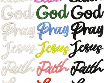 Parches termoadhesivos inspiradores cristianos - Juego de 6 con Jesús, Dios, Oración, Creencia, Fe y Amor. Regalo bordado para chaqueta o mochila.