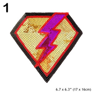 May include: A diamond-shaped sequined patch featuring a purple lightning bolt design. The patch has a black outline and red accents. It measures 6.7 inches by 6.3 inches (17 cm by 16 cm).