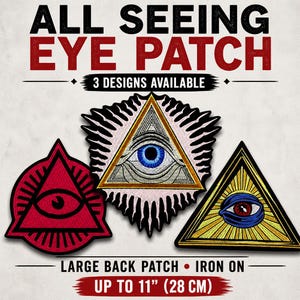 Könnte beinhalten: All Seeing Eye Patch mit drei Designs erhältlich. Die Aufnäher sind zum Aufbügeln und bis zu 28 cm groß. Die Aufnäher zeigen ein rotes Dreieck, ein blaues Auge in einem Dreieck und ein rotes und blaues Auge in einem Dreieck.