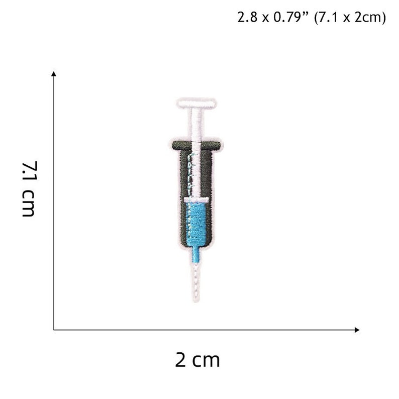 May include: An embroidered iron-on patch of a syringe with blue liquid inside. The patch is 7.1 cm by 2 cm.