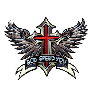 13&quot; Large Chrome Cross Wings Sew Iron On Patch God Speed You Embroidered Motorcycle Bike Emblem Badge Back Patch Biker Jacket Coat T-Shirt