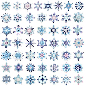 May include: A selection of embroidered snowflakes in shades of blue, white, and pink. Each snowflake features a unique design with intricate details and patterns. The snowflakes are arranged in a grid, displaying a variety of winter-themed designs.
