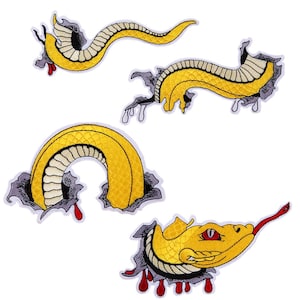 3D Large Snake Serpent Iron On Patch Yellow Gold 4pc Sew On Back Patch Embroidered Python Japanese Hebi Orochi Applique Motif forJacket