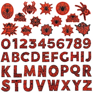 May include: A selection of red and black iron-on patches with a Halloween theme. The patches feature spiderwebs, spiders, and phrases such as "Spider Power" and "Boom". Red letters and numbers with spiderweb designs are also included.