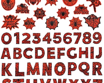 Halloween Spider Web Iron On Letter Patches A-Z & Numbers 0-9 - Superhero Comic DIY Embroidered Sew-On Alphabet Badges for Jackets, Hats