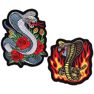 King Cobra Snake Sew Iron On Patch Applique Cartoon Rose Fire Badge Embroidered Punk Metal Grunge Aesthetic Reptile Gothic DIY Decoration