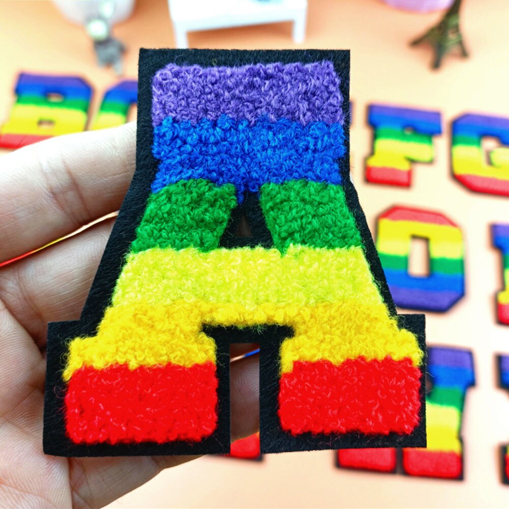 Rainbow Chenille Letter Iron On Patch 3.15"/8cm Sew Patch Multicolored Alphabet A-Z Capital Embroidered Name Badge Jacket T-Shirt Backpack