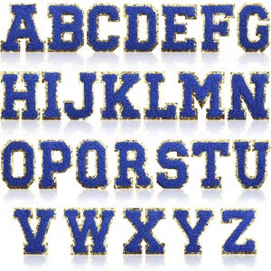 ロイヤルブルー シェニール文字 アイロン接着パッチ アルファベットパッチ 縫い付け 2.17インチ/5cm ラージ A-Z ゴールドトリム キャピタル刺繍 ネームバッジモチーフ ジャケット用