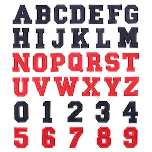 Parche con letras y números para planchar, 2,15"/5,5 cm, rojo y negro, con alfabeto, bordado, para coser, insignia con nombre para jersey, chaqueta, camiseta