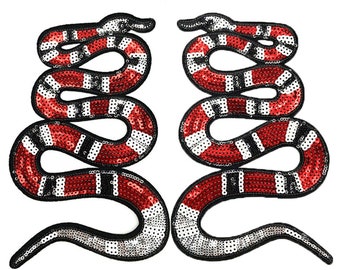 Large Sequin Coral Snake Back Patch Sew Iron On Large Applique Red Kingsnake Metal Grunge Aesthetic Reptile Gothic Jacket Decoration Cobra