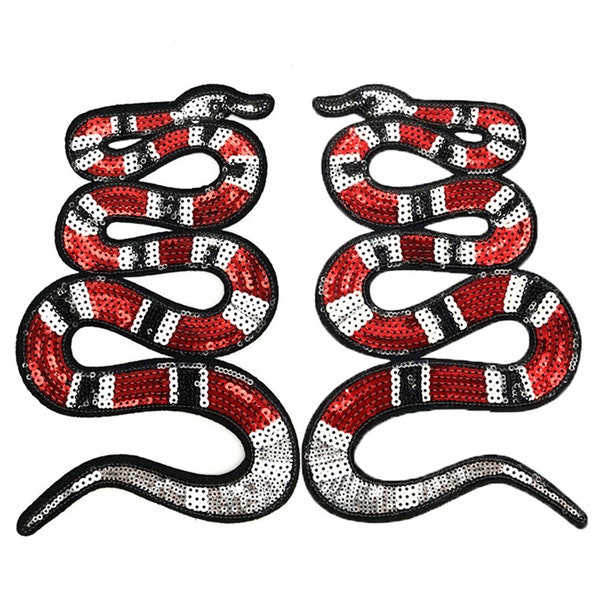 Large Sequin Coral Snake Back Patch Sew Iron On Large Applique Red Kingsnake Metal Grunge Aesthetic Reptile Gothic Jacket Decoration Cobra