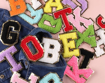 Chenille Letter Iron On Patch Sew 3.2"/8cm Alphabet A-Z Number 0-9 Gold Trim Capital Embroidered Name Badge Motif Jacket T-Shirt Backpack