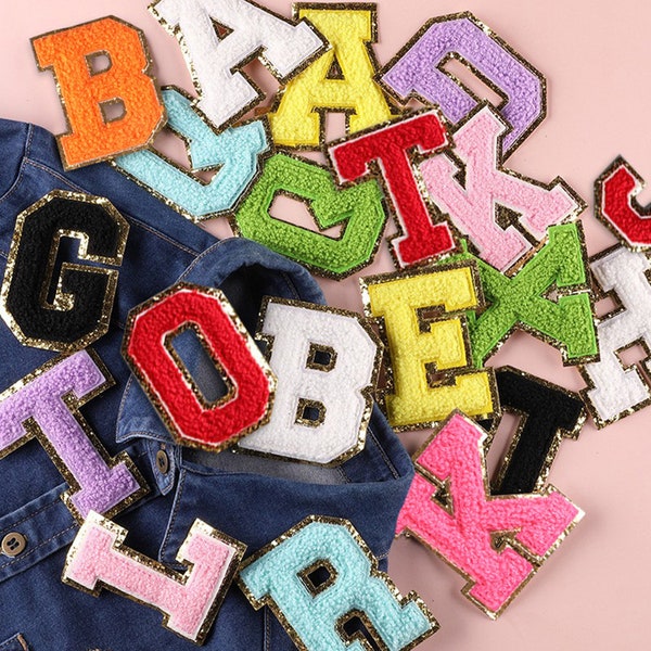 Chenille Letter Iron On Patch Sew 3.2"/8cm Alphabet A-Z Number 0-9 Gold Trim Capital Embroidered Name Badge Motif Jacket T-Shirt Backpack