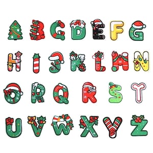 Parche de Letras Navideñas para Planchar Letras Bordadas con Gorro de Papá Noel, Bastón de Caramelo y Calcetines para Camisetas y Chaquetas