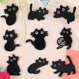 Leuke zwarte kat opstrijkbare patch naai geborduurde kleine grappige cartoon kitten kitty voor kind vrouwen jongen meisje hoed pet jas hoed shirt rugzak