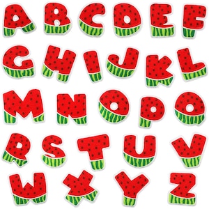 May include: A full alphabet set of letters, each crafted to look like a watermelon slice. The letters are red with black seed detailing and green and white rind accents. The letters are arranged in rows, displaying the entire alphabet.