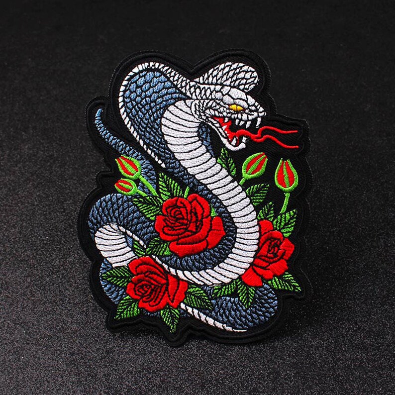 Snake & Rose Applique Patch - Embroidered Flower Reptile Badge 2.5 (iron On