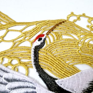Large Crane Sew On Patch 15"/40cm Embroidered Gold Wave Tsuru Japanese Chinese Bird Back Patch Big Applique Motif Jacket Dress Gown Pant