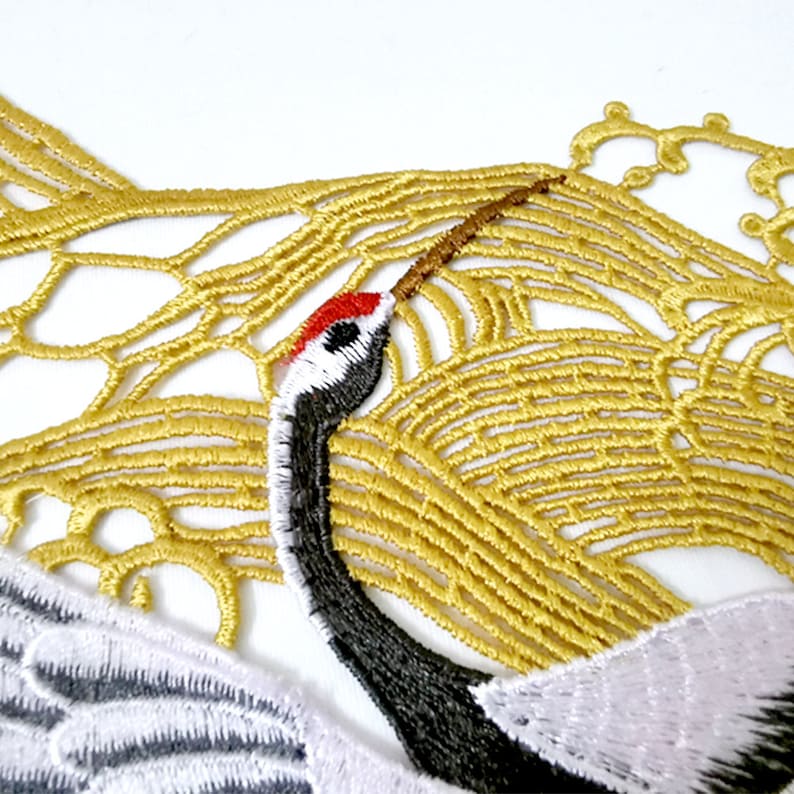Large Crane Sew On Patch 15"/40cm Embroidered Gold Wave Tsuru Japanese Chinese Bird Back Patch Big Applique Motif Jacket Dress Gown Pant
