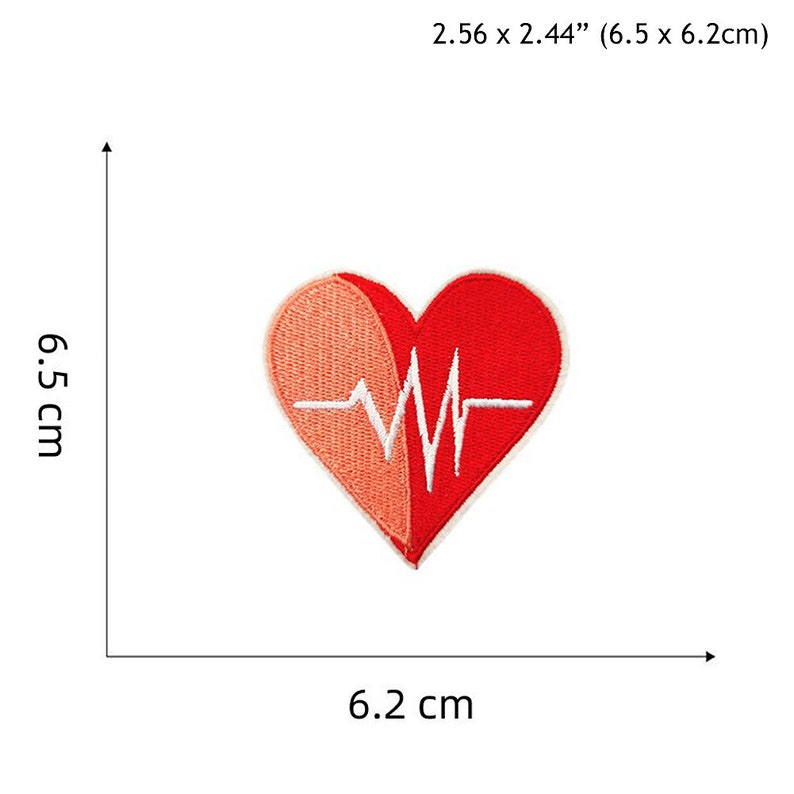 May include: Red and pink heart-shaped embroidered patch with a white EKG line. The patch measures 6.5 cm by 6.2 cm.