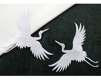 Black White Crane Iron On Patch Sew Patch Large Pair Japanese Tsuru Chinese Bird Back Patch Embroidery Big Notion Jacket Dress Wedding Gown