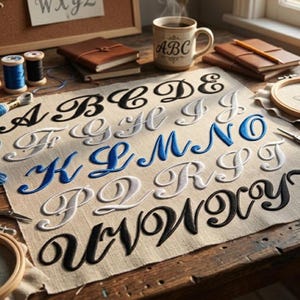 May include: Embroidered alphabet letters in black, white, and blue on a beige fabric. The letters are in a cursive font. The image also includes a coffee mug with "ABC" on it, spools of thread, and notebooks.