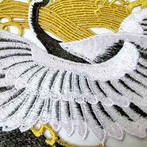 Large Crane Sew On Patch 15"/40cm Embroidered Gold Wave Tsuru Japanese Chinese Bird Back Patch Big Applique Motif Jacket Dress Gown Pant